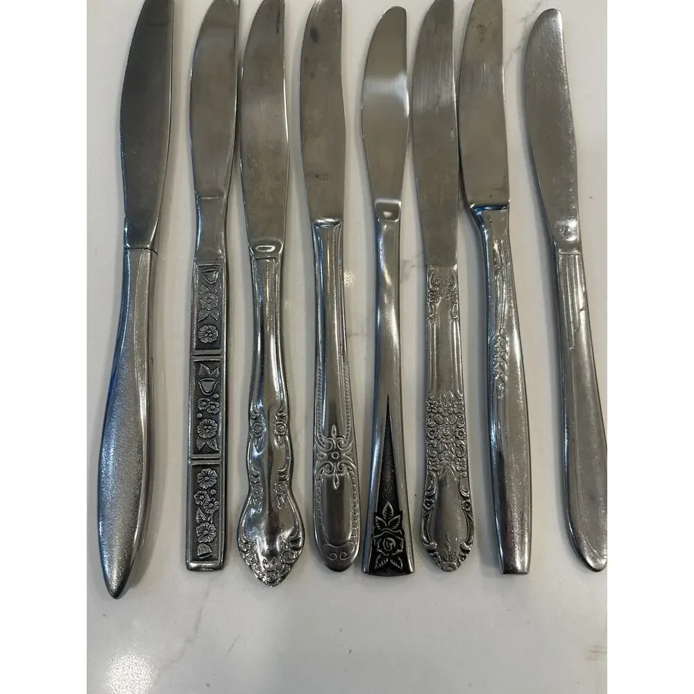 Vtg Mixed Lot of 8 Dinner Knives‎ 9” MCM Mismatched Stainless Floral Patterns